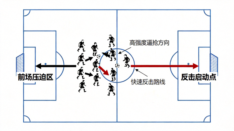 足球战术示意图 - 球员在前场进行高强度压迫，箭头表示逼抢方向与反击路线